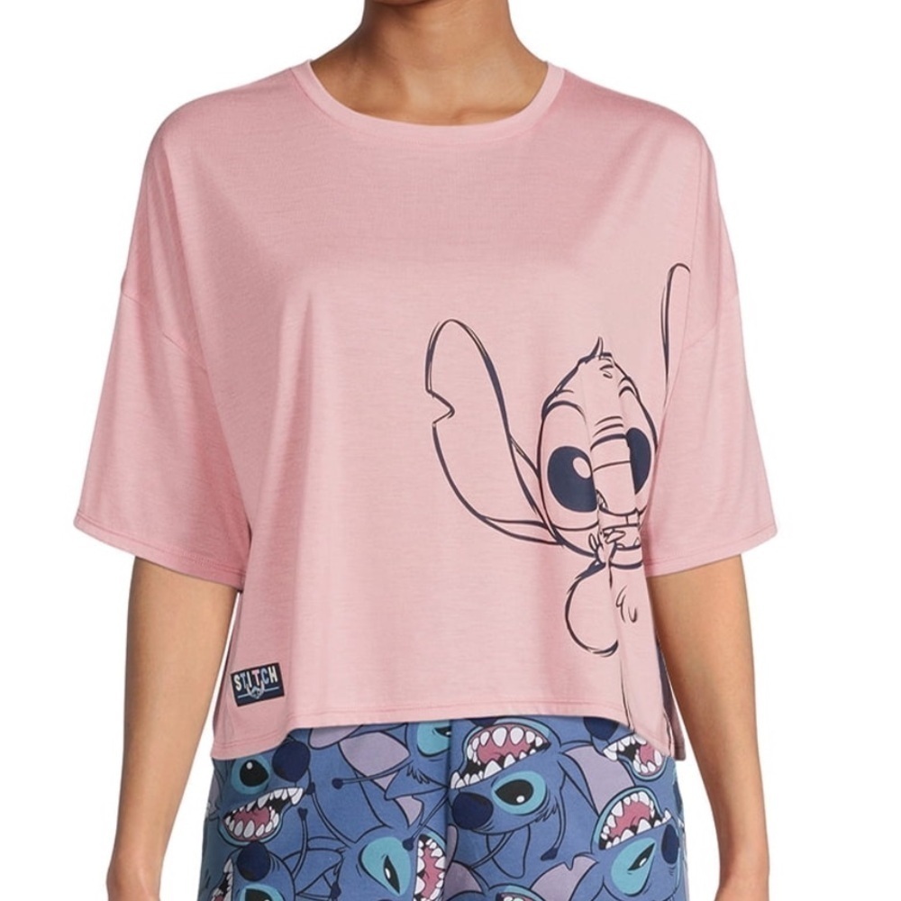 Disneys Stitch Sleepwear Pink Lounge Casual Cropped Tee Women’s Size XL